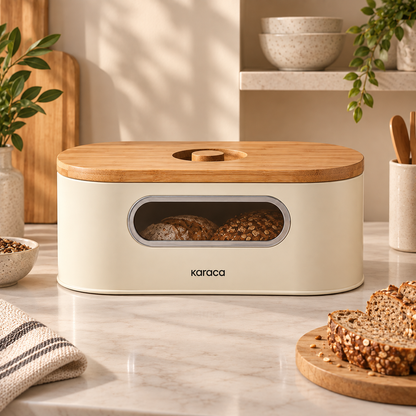 Karaca Stream 2-in-1 Bread Box & Cutting Board – Cream, 153.09.01.4246