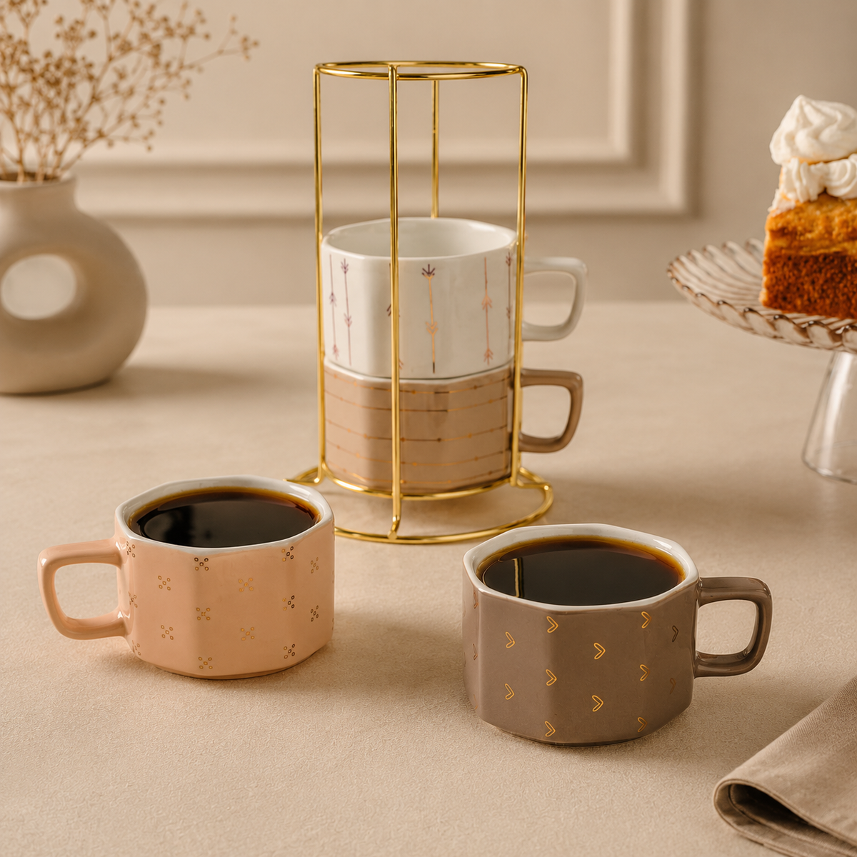 Karaca Versailles 4-Piece Mug Set with Gold Stand 180 ml, 153.09.01.5398