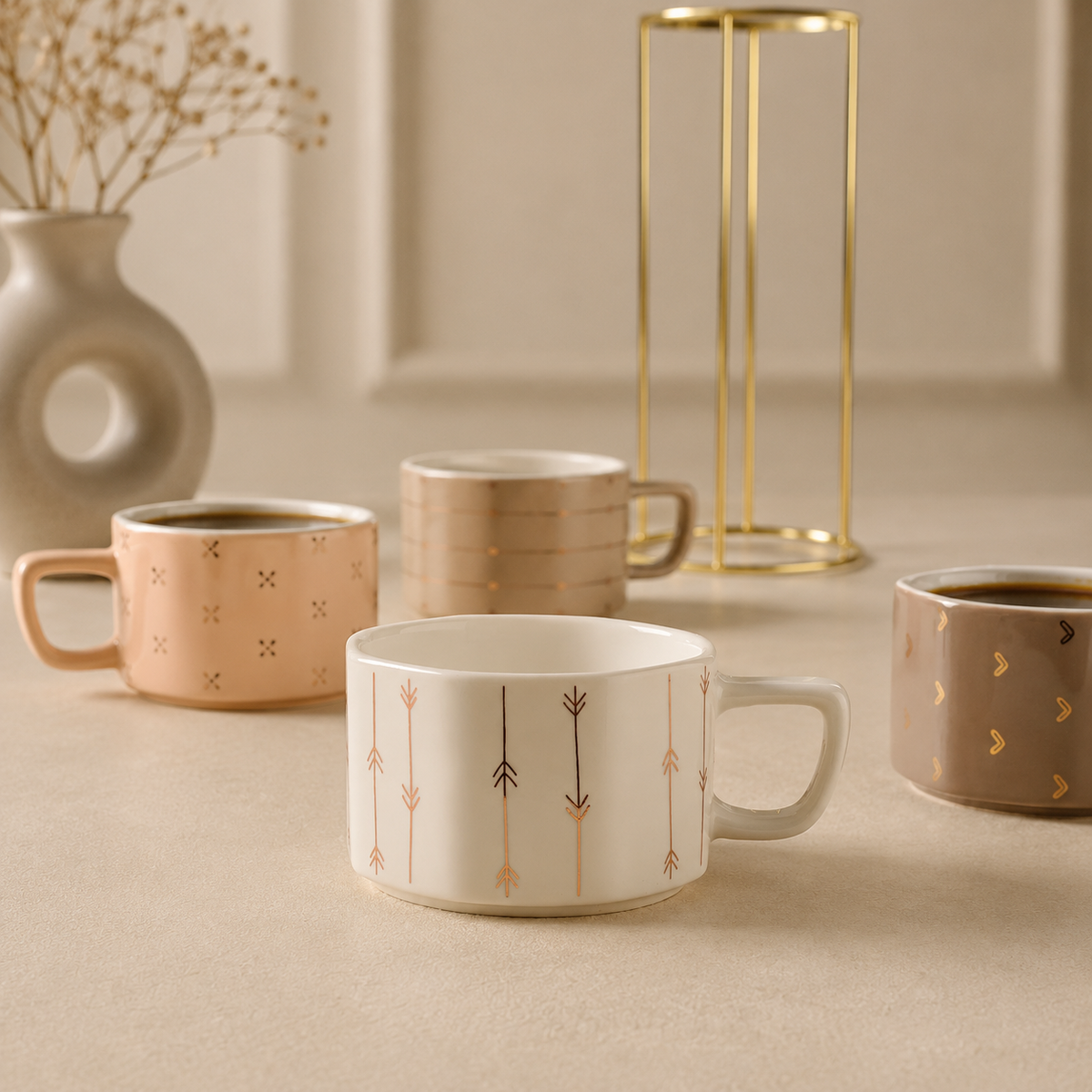 Karaca Versailles 4-Piece Mug Set with Gold Stand 180 ml, 153.09.01.5398
