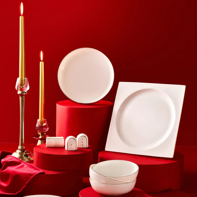 Karaca Red Carpet Collection Fine Pearl Extra Nish 62-Piece Dinner Set for 12 People, Platinum White, 153.03.08.4326