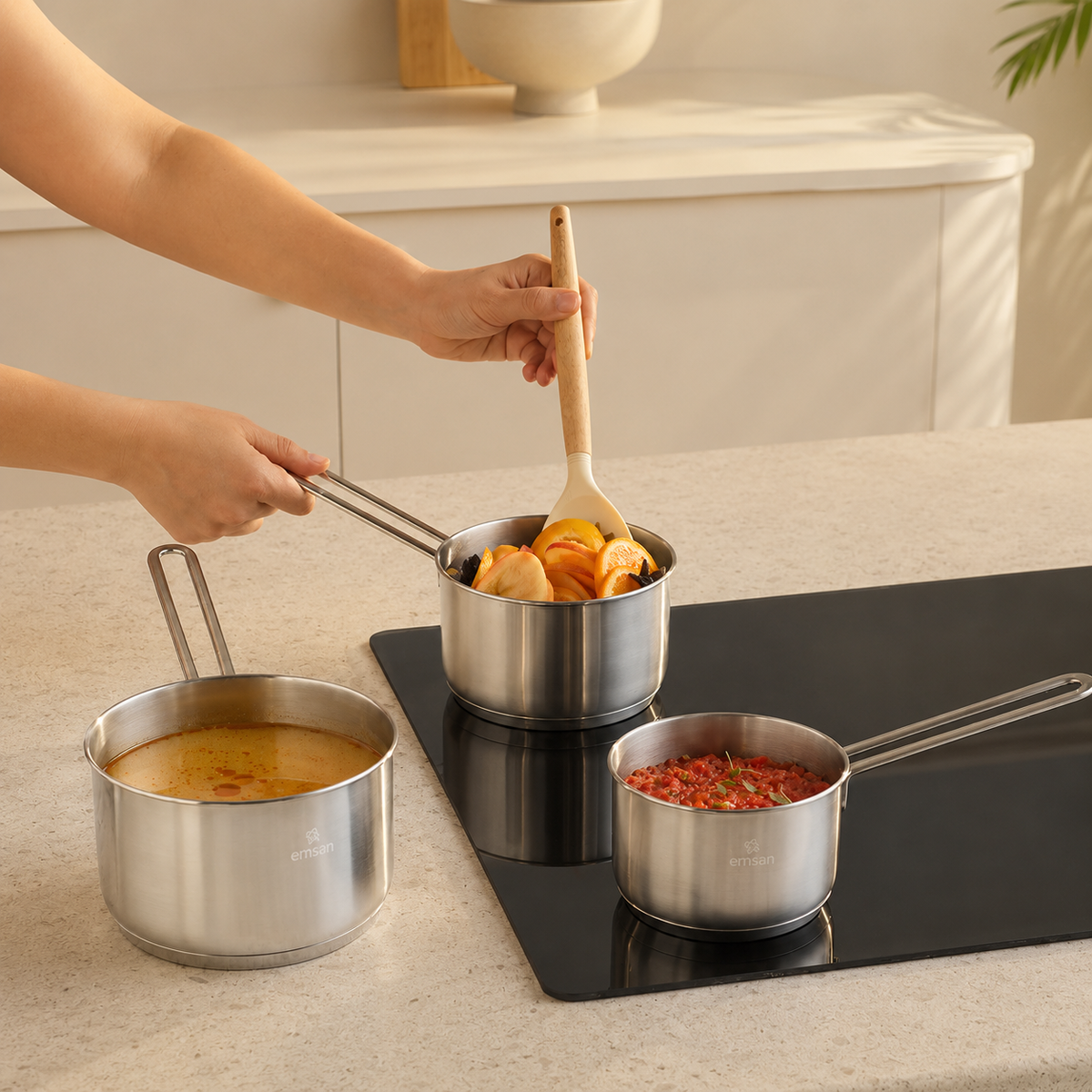 Karaca Emsan Fiorino Induction Base Stainless Steel 3-Piece Mini Milk & Sauce Pot Set, 153.09.01.8578