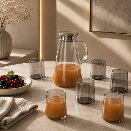Karaca Serene 7-Piece Anthracite Glass Drinkware Set for 6 People – 1.8 L Carafe, 153.09.01.9484