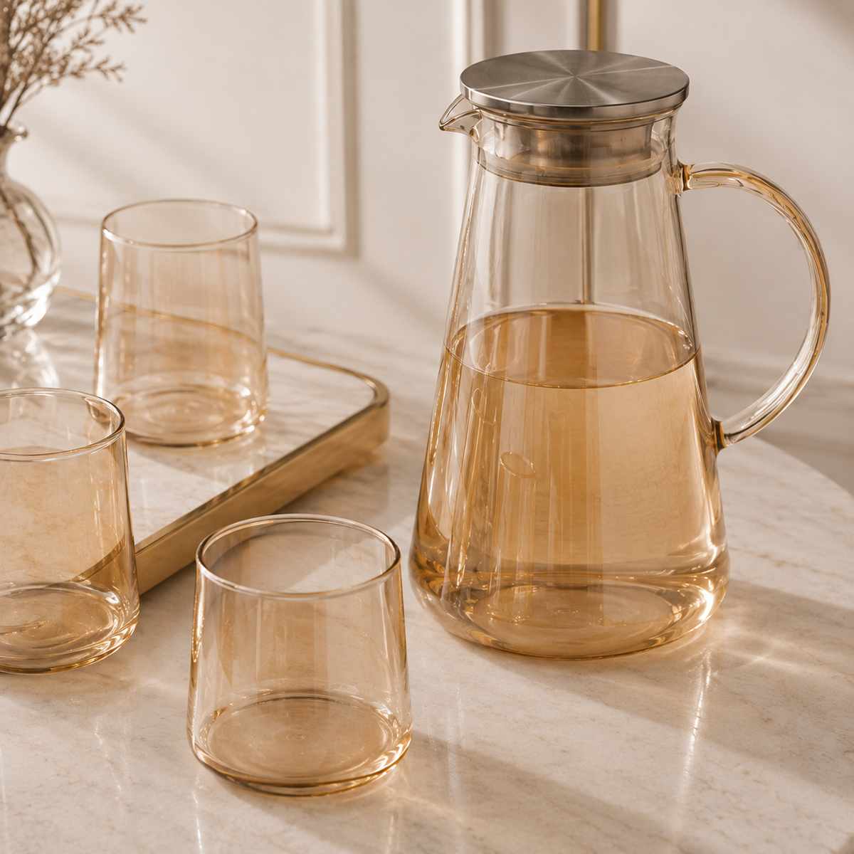 Karaca Serene 7-Piece Amber Glass Drinkware Set for 6 People – 1.8 L Carafe, 153.09.01.9485