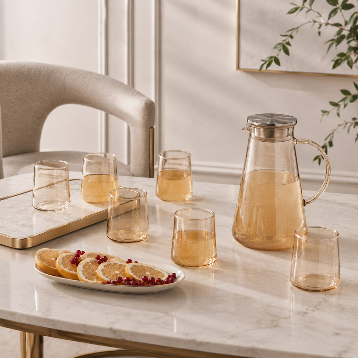 Karaca Serene 7-Piece Amber Glass Drinkware Set for 6 People – 1.8 L Carafe, 153.09.01.9485