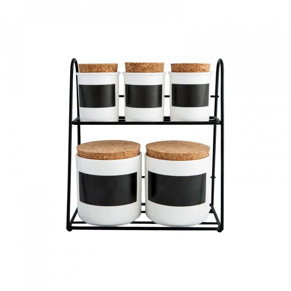 Karaca 5-Piece Porcelain Spice Rack Set with Stand - White & Black, 153.03.06.1892