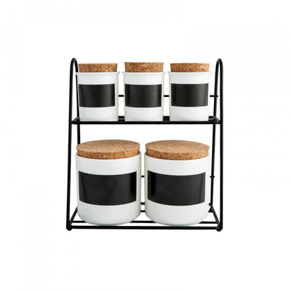 Karaca 5-Piece Porcelain Spice Rack Set with Stand - White & Black, 153.03.06.1892