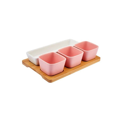 Karaca Malia 4-Piece Snack Bowl Set with Bamboo Tray - Pink & White, 153.03.06.9857