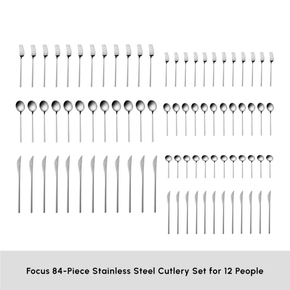Karaca Focus 84-Piece Stainless Steel Cutlery Set for 12 People | Platinum Finish, 153.03.08.1807