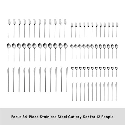 Karaca Focus 84-Piece Stainless Steel Cutlery Set for 12 People | Platinum Finish, 153.03.08.1807