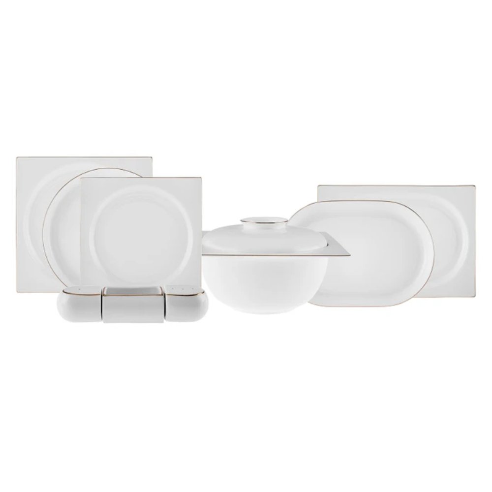Karaca Red Carpet Collection Fine Pearl Extra Nish 62-Piece Dinner Set for 12 People, Platinum White, 153.03.08.4326
