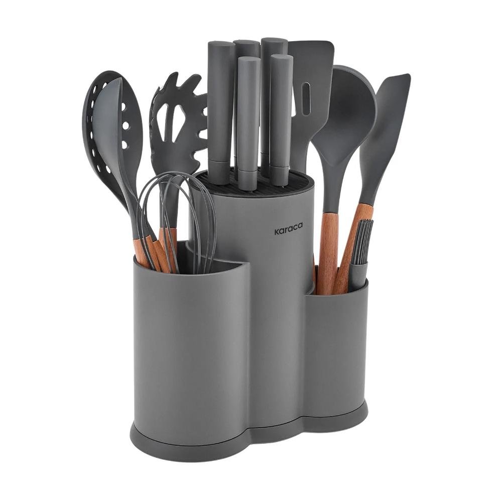 Karaca Burby 14-Piece Knife and Serving Set - Grey | Soft Touch Block, 153.09.01.3202