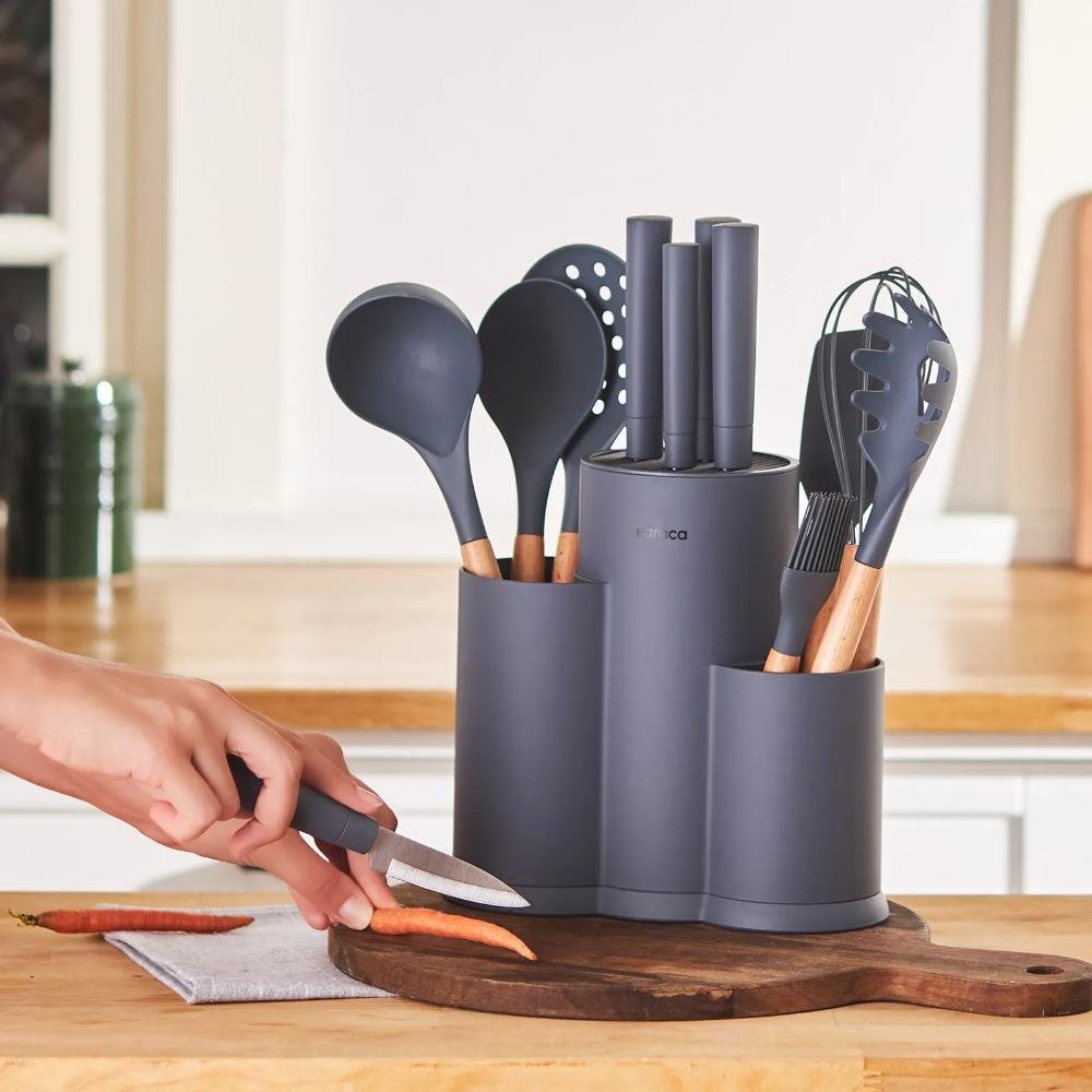 Karaca Burby 14-Piece Knife and Serving Set - Grey | Soft Touch Block, 153.09.01.3202