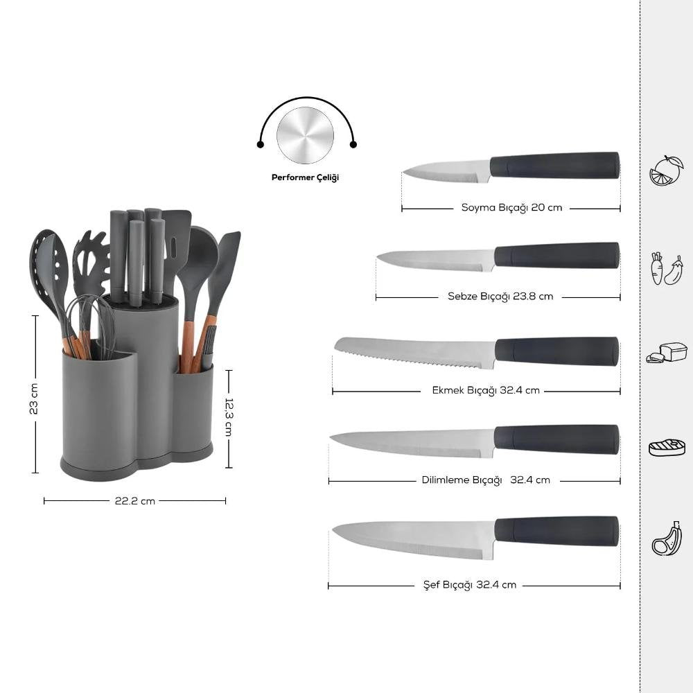 Karaca Burby 14-Piece Knife and Serving Set - Grey | Soft Touch Block, 153.09.01.3202