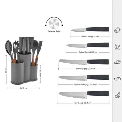 Karaca Burby 14-Piece Knife and Serving Set - Grey | Soft Touch Block, 153.09.01.3202