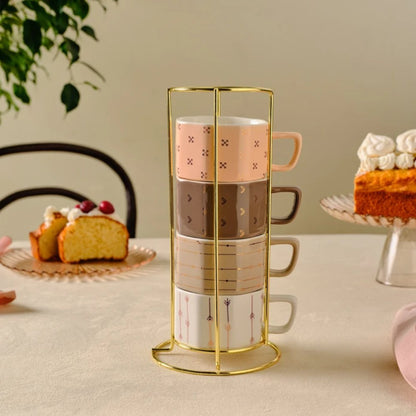 Karaca Versailles 4-Piece Mug Set with Gold Stand 180 ml, 153.09.01.5398