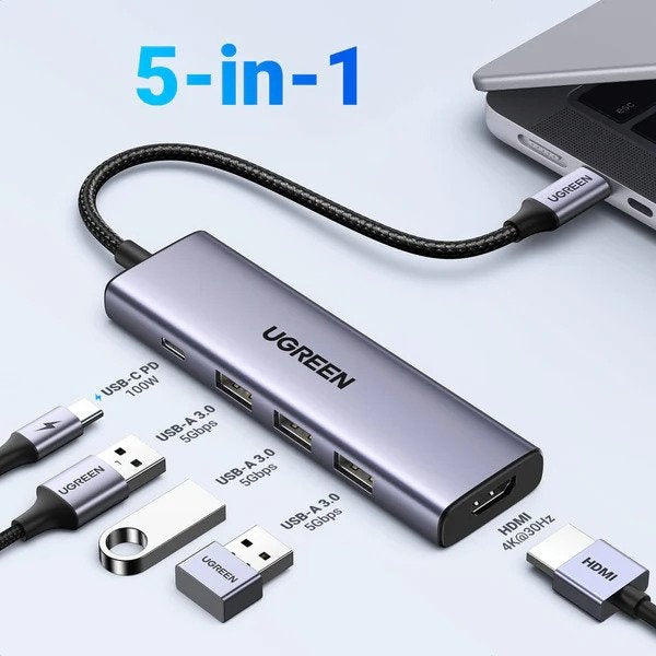 Ugreen, 5-In-1 Usb-C Hub Docking Station Adapter (4K Hdmi + 3*Usb3.0 + Usb-C Pd100W) Ugreen Cm511 - 15596