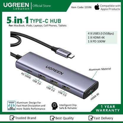 Ugreen, 5-In-1 Usb-C Hub Docking Station Adapter (4K Hdmi + 3*Usb3.0 + Usb-C Pd100W) Ugreen Cm511 - 15596
