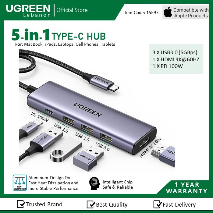 Ugreen, 5-In-1 Usb-C Hub Docking Station Adapter (With Pd) Ugreen Cm511 - 15597