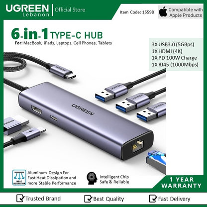 Ugreen, 6-In-1 Usb-C Hub Docking Station Adapter Ugreen Cm512 - 15598