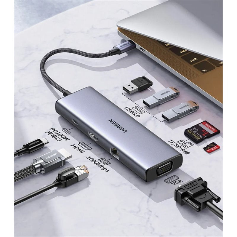 Ugreen, 9-In-1 Usb-C Hub Docking Station Adapter (4K Hdmi + 3*Usb3.0 + Sd + Tf + Vga + Gigabit Lan + Usb C Pd 100W) Ugreen Cm498-15600