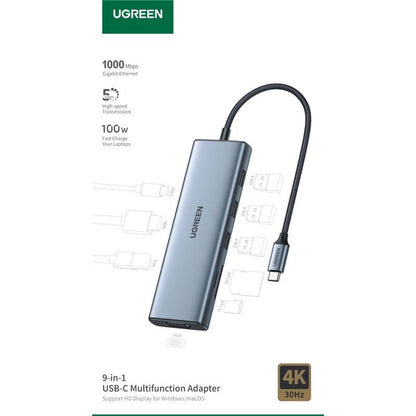 Ugreen, 9-In-1 Usb-C Hub Docking Station Adapter (4K Hdmi + 3*Usb3.0 + Sd + Tf + Vga + Gigabit Lan + Usb C Pd 100W) Ugreen Cm498-15600