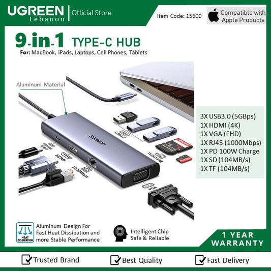 Ugreen, 9-In-1 Usb-C Hub Docking Station Adapter (4K Hdmi + 3*Usb3.0 + Sd + Tf + Vga + Gigabit Lan + Usb C Pd 100W) Ugreen Cm498-15600