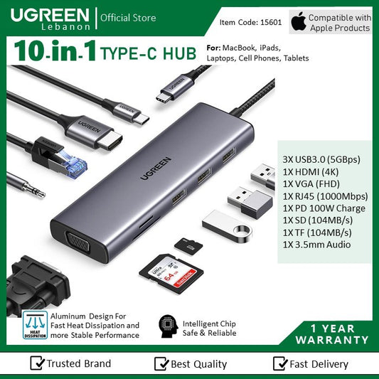 Ugreen, 10-In-1 Usb-C Hub Docking Station Adapter (With Power Delivery) Ugreen Cm498 -15601