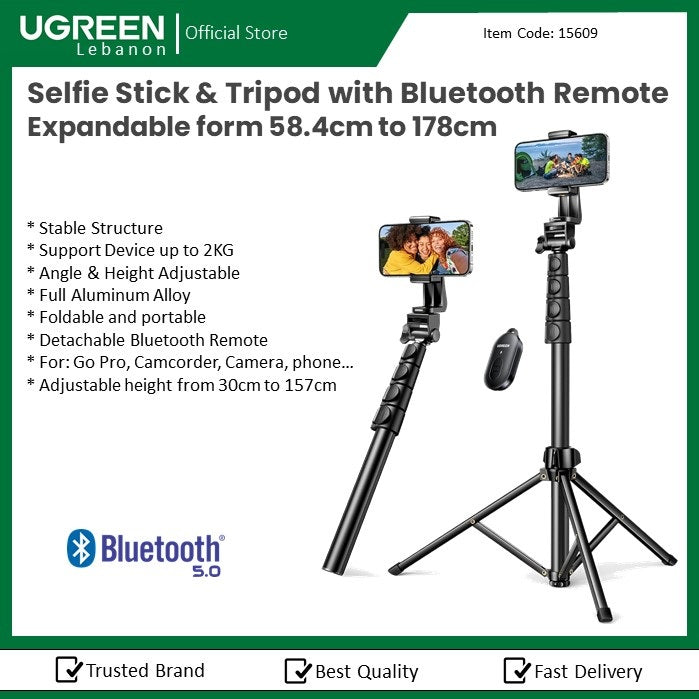 Ugreen, Dual Function Selfie Stick & Tripod With Bluetooth Remote, Expandable Form 58.4Cm To 178Cm Ugreen Lp680 - 15609
