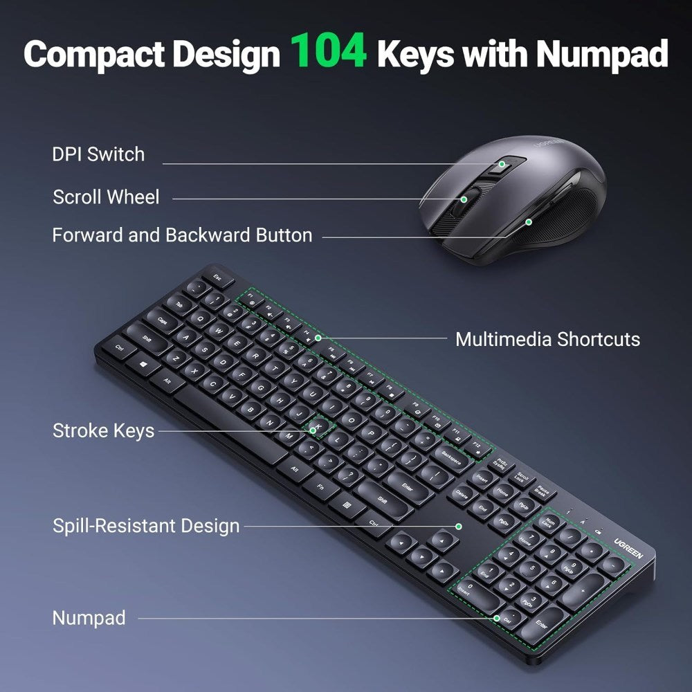 Ugreen, 2.4Ghz Wireless Kb And Mouse Combo , Compact & Ergonomic Design, Silent Kb & Mouse, For Windows & Mac Ugreen Mk006 - 15659
