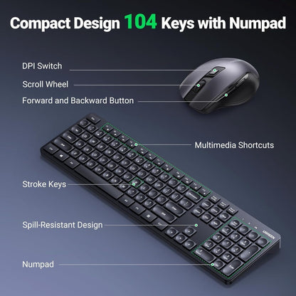 Ugreen, 2.4Ghz Wireless Kb And Mouse Combo , Compact & Ergonomic Design, Silent Kb & Mouse, For Windows & Mac Ugreen Mk006 - 15659