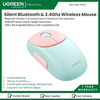 Ugreen, 4000 Dpi, Silent Bluetooth & Wireless Mouse, Built-In Rechargeable Battery Ugreen Mu102 - 15722 (Pink)