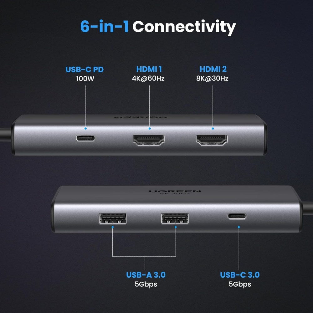 Ugreen, 8K Dual Display 6-In-1 Usb-C Hub Docking Station Adapter (With Power Delivery) Ugreen Cm498 - 15852