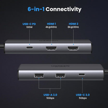 Ugreen, 8K Dual Display 6-In-1 Usb-C Hub Docking Station Adapter (With Power Delivery) Ugreen Cm498 - 15852