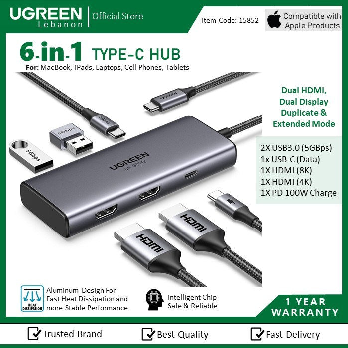 Ugreen, 8K Dual Display 6-In-1 Usb-C Hub Docking Station Adapter (With Power Delivery) Ugreen Cm498 - 15852
