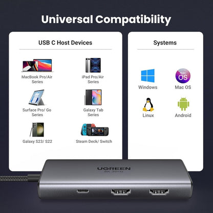 Ugreen, 8K Dual Display 6-In-1 Usb-C Hub Docking Station Adapter (With Power Delivery) Ugreen Cm498 - 15852