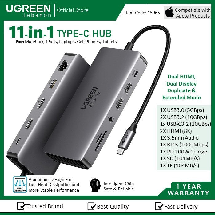 Ugreen, 8K Dual Display 11-In-1 Usb-C Hub Docking Station Adapter (With Power Delivery) Ugreen Cm681 - 15965