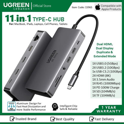 Ugreen, 8K Dual Display 11-In-1 Usb-C Hub Docking Station Adapter (With Power Delivery) Ugreen Cm681 - 15965