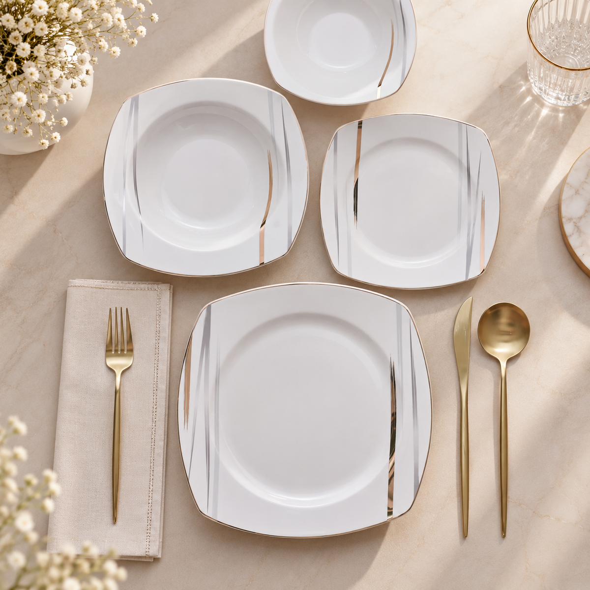 Karaca Square Bone Bera 24-Piece Dinner Set for 6 People, 8683650361664