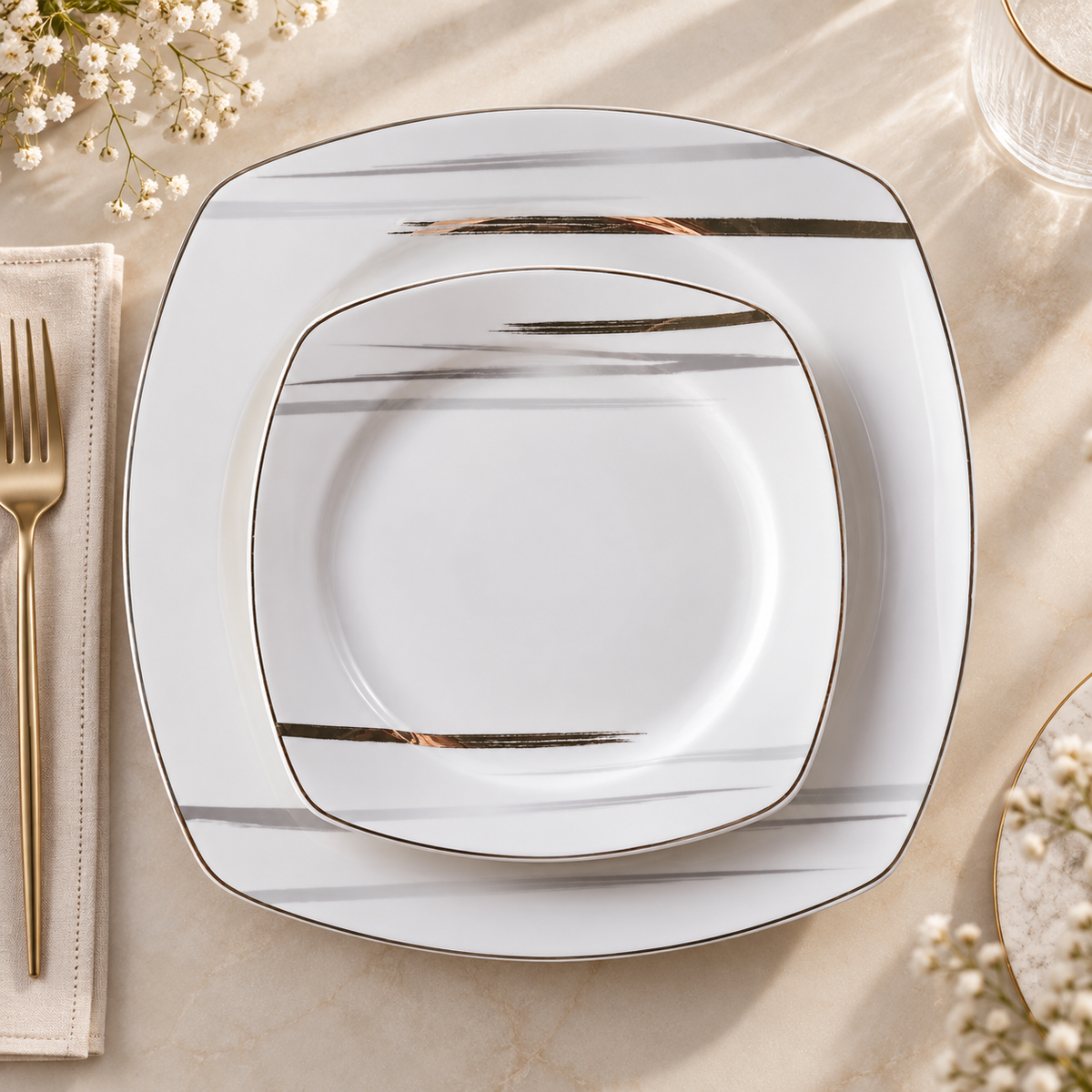 Karaca Square Bone Bera 24-Piece Dinner Set for 6 People, 8683650361664