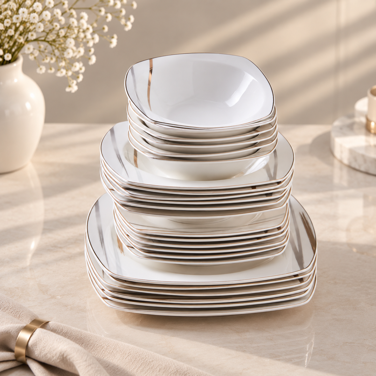 Karaca Square Bone Bera 24-Piece Dinner Set for 6 People, 8683650361664