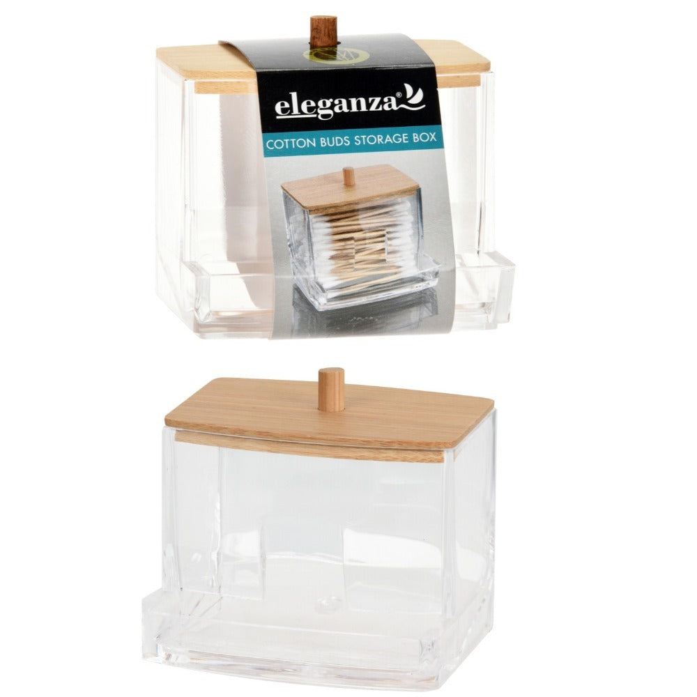Cotton Bud Holder Plastic With Bamboo Lid