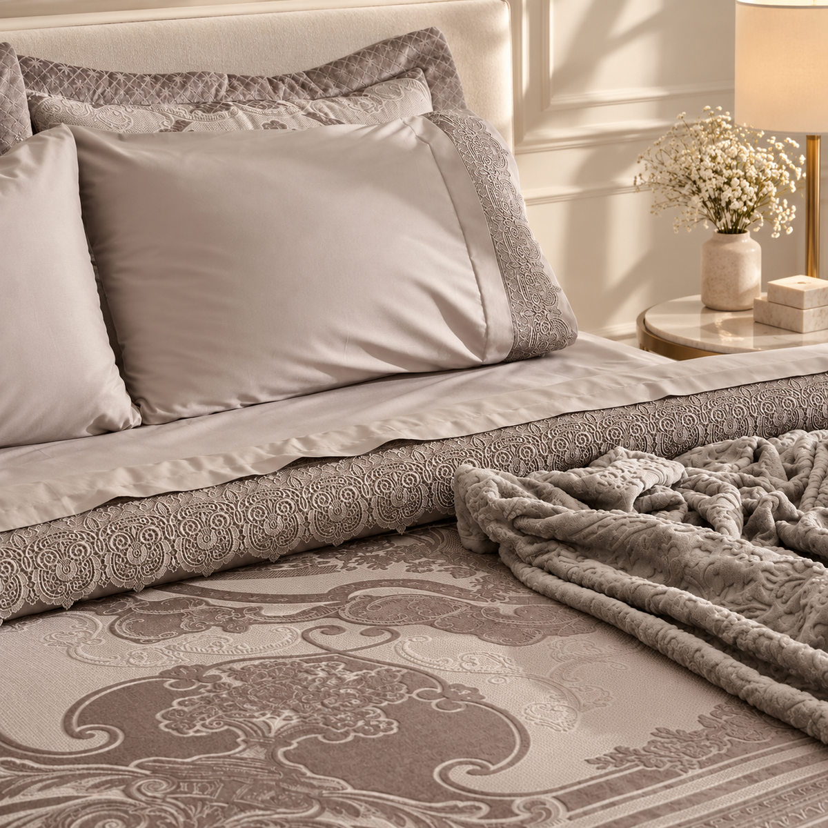 Karaca Home Valeria Grey Queen 8-Piece Bridal Bedding Set, 200.22.04.0331