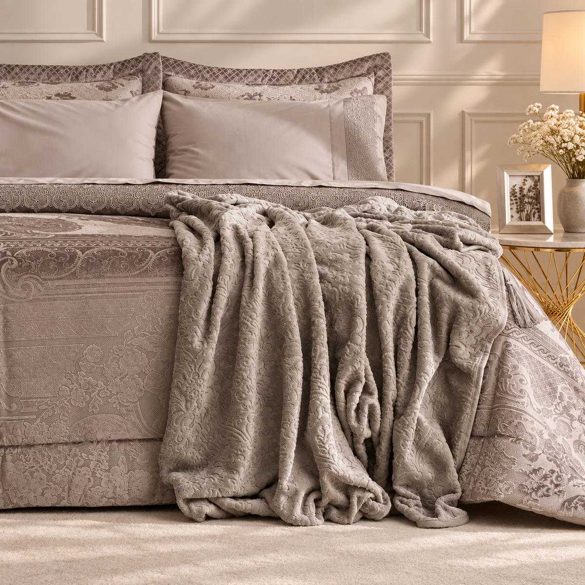 Karaca Home Valeria Grey Queen 8-Piece Bridal Bedding Set, 200.22.04.0331