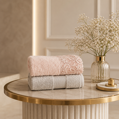 Karaca Home Ring Lace Luxury 9-Piece Family Bath Collection – Powder/Grey, 200.22.05.0176