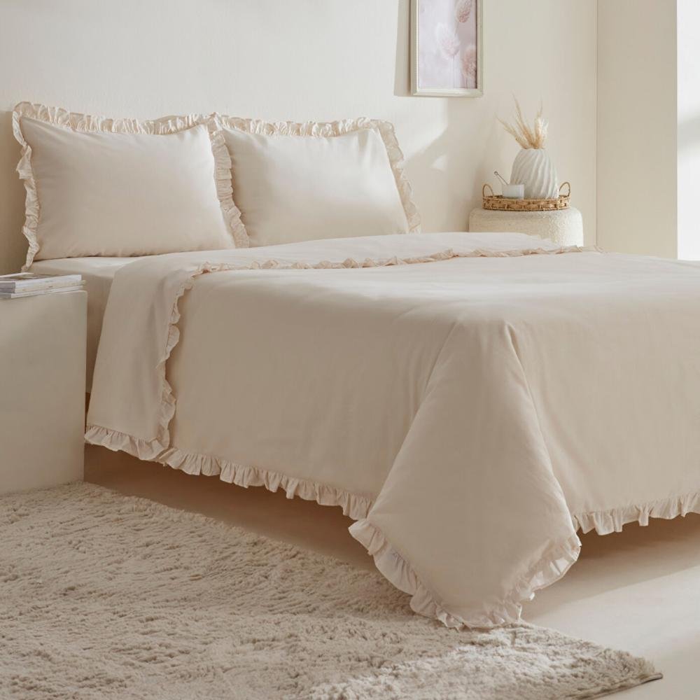 Karaca Home Pure Ruffle 100% Cotton King Size Duvet Cover Set - Ecru, 200.22.05.0298