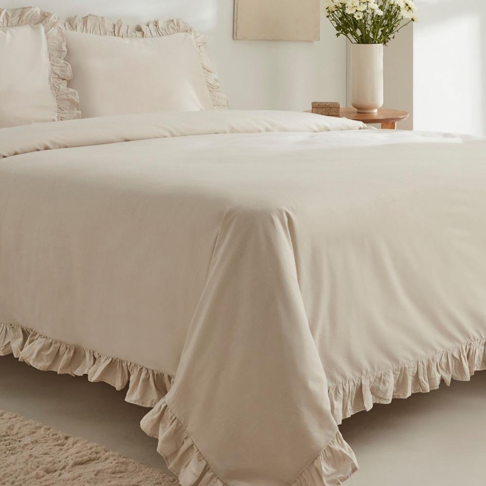 Karaca Home Pure Ruffle 100% Cotton King Size Duvet Cover Set - Ecru, 200.22.05.0298