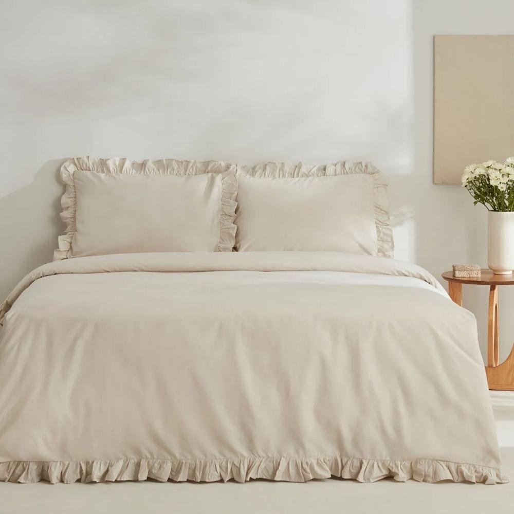 Karaca Home Pure Ruffle 100% Cotton King Size Duvet Cover Set - Ecru, 200.22.05.0298