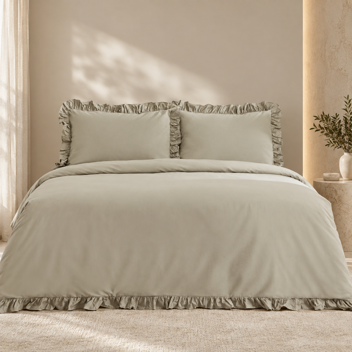 Karaca Home Pure Ruffle 100% Cotton King Size Duvet Cover Set – Sage, 200.22.05.0299