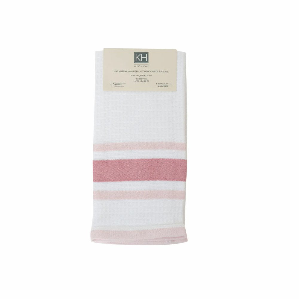 Karaca Home Swiss Pink/White 100% Cotton Kitchen 2-Piece Towel Set 60 x 40 cm, 200.21.01.0518