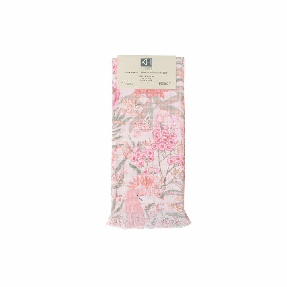 Karaca Home Tropical Pink 100% Cotton Kitchen 2-Piece Towel Set 60 x 40 cm, 200.21.01.0521